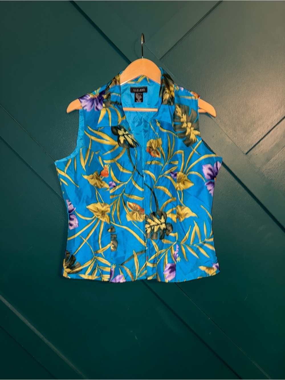 SilkLand Tropical Floral Sleeveless Button Front Blouse Blue Hawaiian 100% Silk - Picture 2 of 6